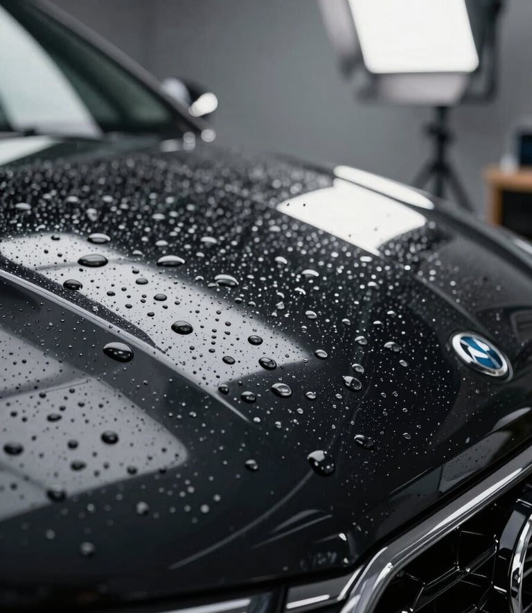 A professional macro photography shot of water beads on a deep black ceramic-coated car hood, reflecting bright silver studio lights, demonstrating precision and high-quality finish in a Western European detailing studio.