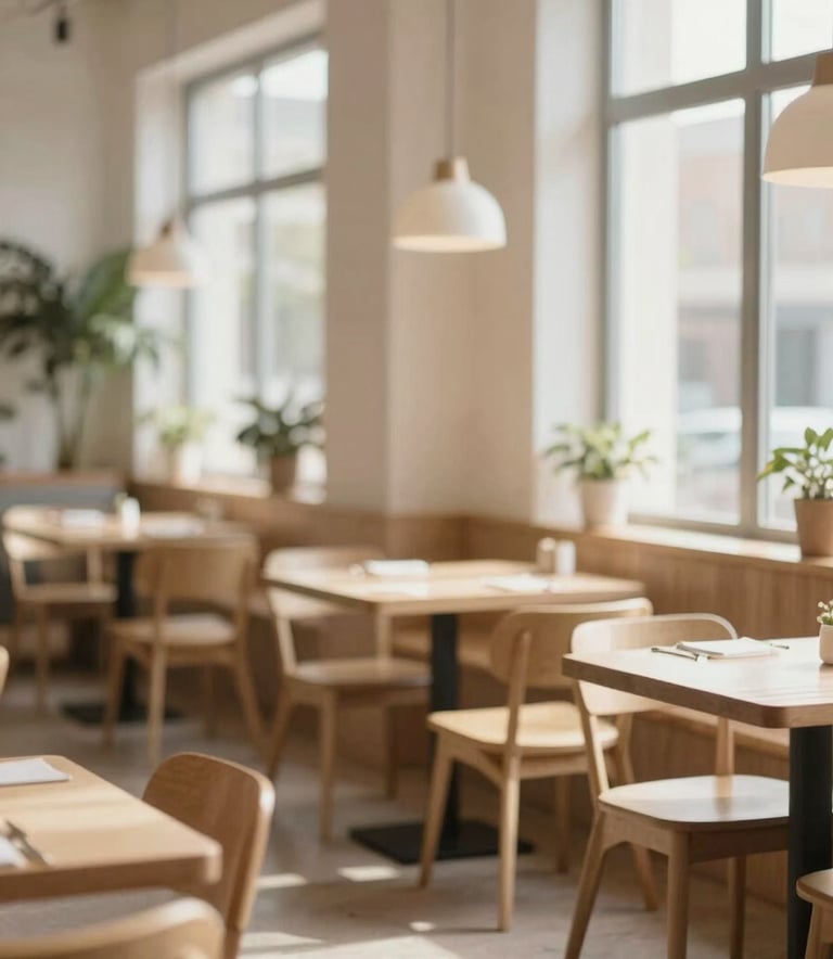 A cozy, Scandinavian-style restaurant interior with minimalist light wood furniture and large windows. Warm, inviting morning light fills the space. A subtle hint of #2A5F43 in the indoor plants.