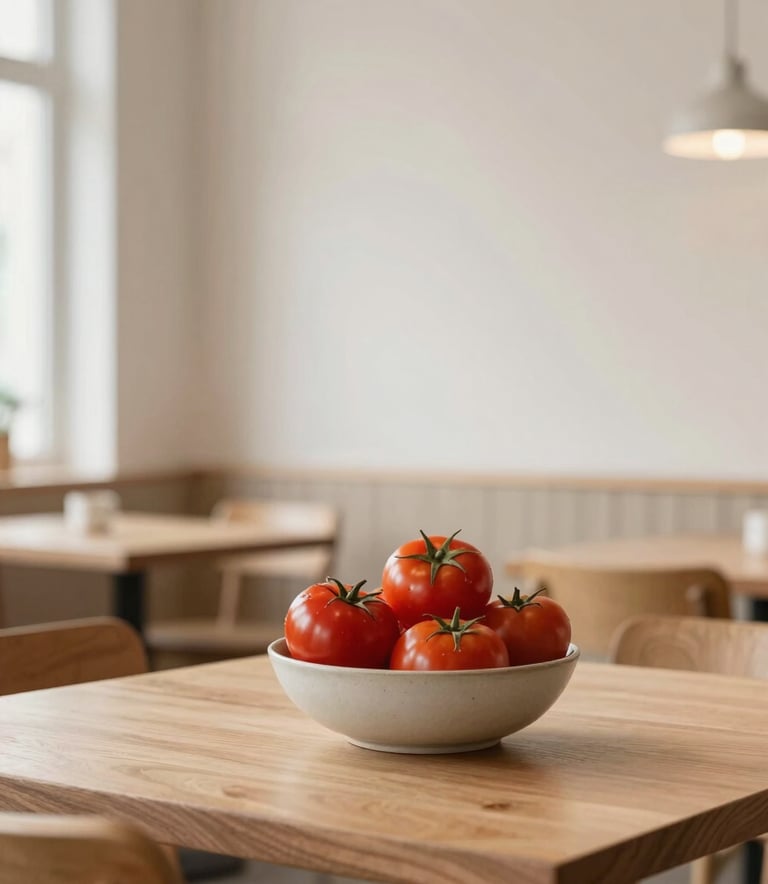 A cozy, minimalist restaurant interior inspired by Scandinavian design. The scene features light-colored walls (#FAF5E5), clean wooden tables, and a large ceramic bowl of deep crimson tomatoes (#9B1C31) as a focal point. The lighting is soft and natural, evoking a sense of grounded professionalism and artisanal warmth.