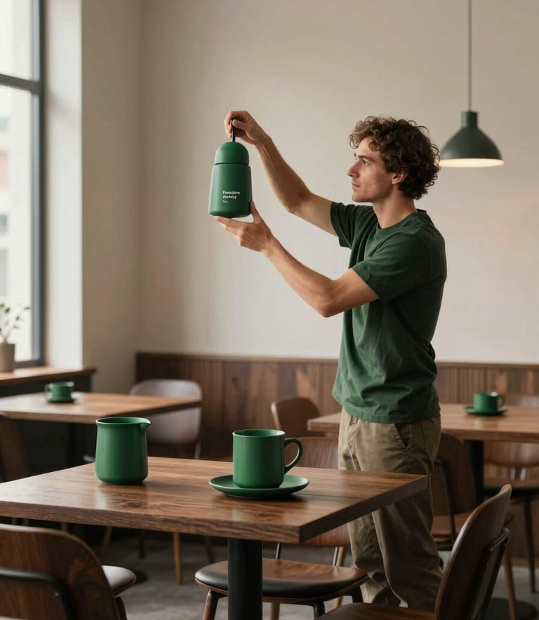 A high-end, behind-the-scenes shot of a professional content creator from the Pomodoro agency. They are carefully adjusting the lighting for a food photography shoot in a minimalist Scandinavian-style restaurant. The scene features dark wooden textures and a pop of matte forest green (#2A5F43) in the props. Natural light spills from a window, creating a warm, inviting, and professional atmosphere.
