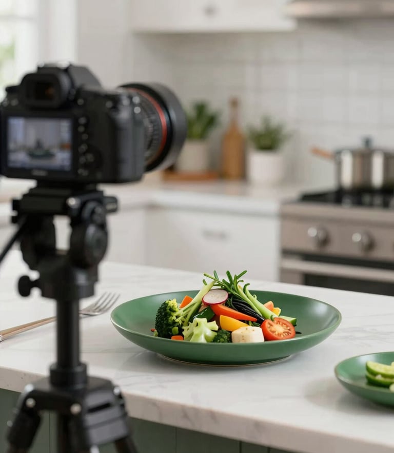 Behind-the-scenes shot of a professional camera on a tripod in a bright, modern kitchen, focusing on a beautifully plated dish of seasonal vegetables. The mood is professional and focused, featuring Matte Forest Green #2A5F43 accents and soft natural lighting.