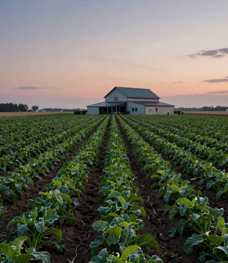 A wide-angle shot of a lush, productive local farm at dusk. The rows of crops create leading lines toward a modern farmhouse. The sky is a soft palette of twilight colors. North American / European rural landscape.