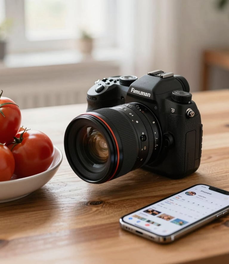A professional digital camera positioned on a wooden desk next to a bowl of vibrant, ripe tomatoes and a smartphone displaying a social media content calendar, soft morning light in a North American / European studio setting.