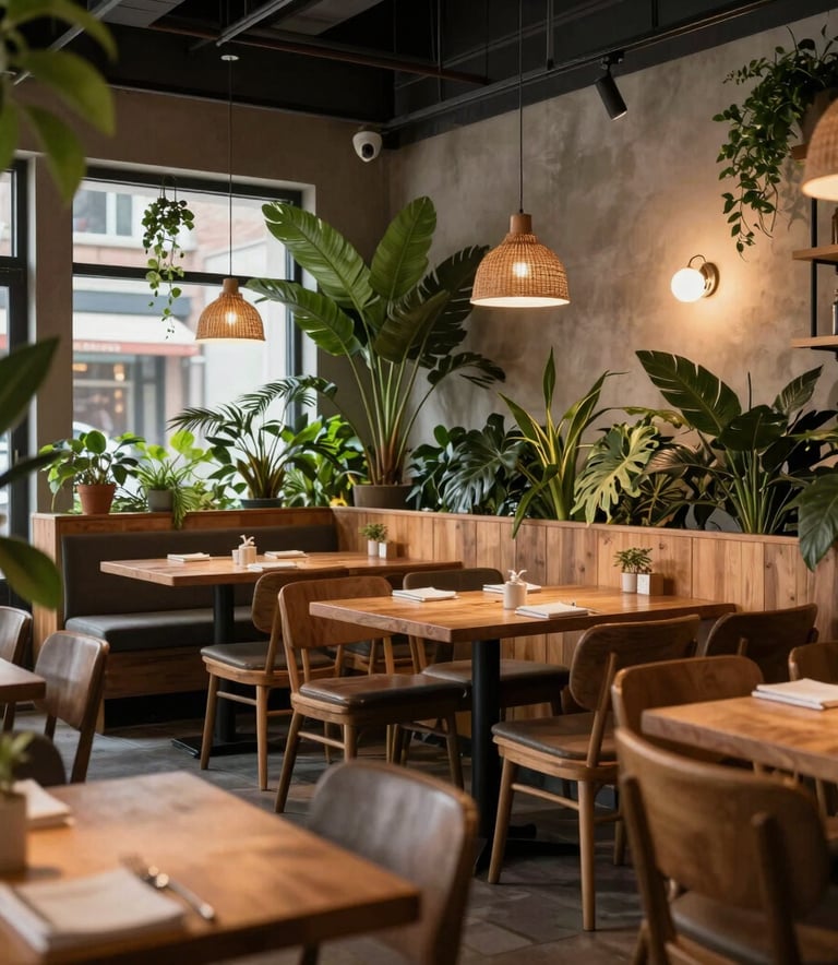 A cozy, Scandinavian-style restaurant interior with warm ambient lighting, wooden furniture, and lush green indoor plants, North American / European vibe.