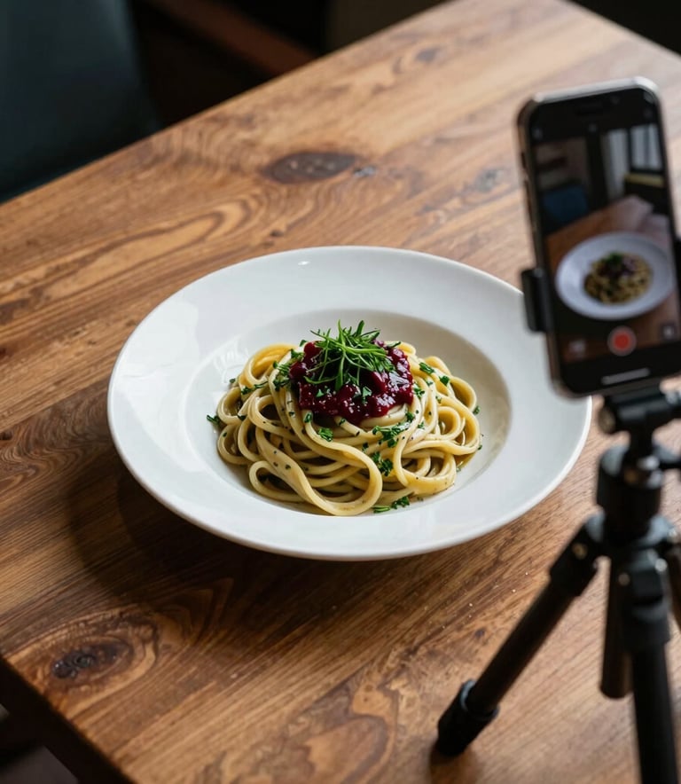 A top-down professional food photography setup featuring a rustic wooden table, a plate of artisanal pasta, and a smartphone on a tripod. The scene is lit with soft natural light, highlighting textures of Matte Forest Green herbs and Deep Ripe Crimson sauce. North American / European dining setting.