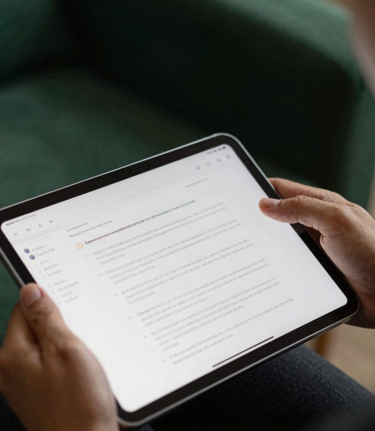 A focused close-up photograph of a person's hands holding a digital tablet displaying a structured document. The lighting is soft and professional, highlighting a sense of study and preparation. The background features a blurred room with deep forest green and charcoal tones, emphasizing a grounded and serious environment.