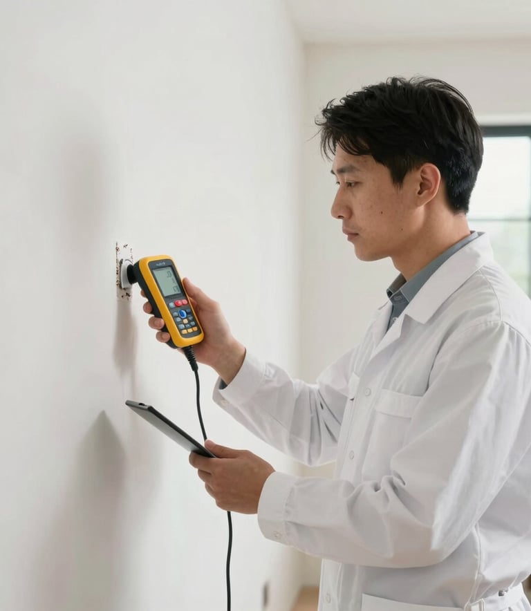 A professional environmental inspector in a clean white uniform using a digital moisture meter on a wall inside a bright, modern North American home.
