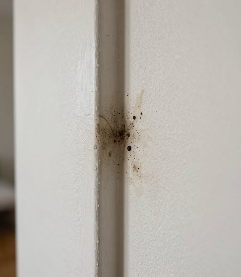 Macro photography of water damage and dark spots on a drywall corner in a North American suburban house, highlighting the need for professional inspection.