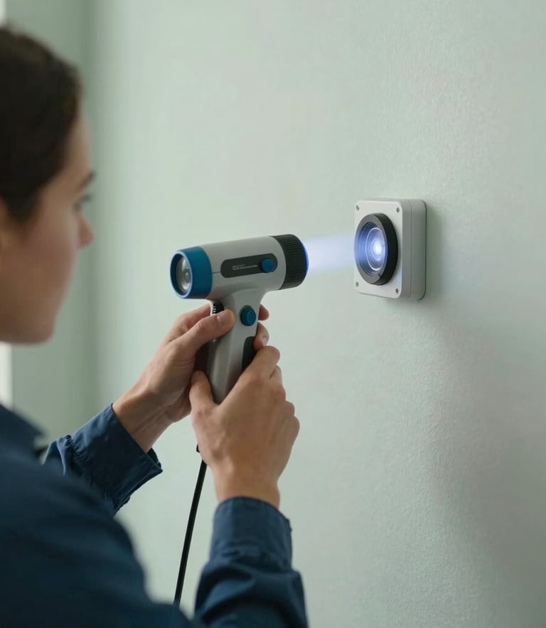 A close-up of a professional environmental specialist using advanced moisture detection equipment on a pristine wall in a North American home, soft lighting, calm blue and soft green color accents, professional atmosphere.