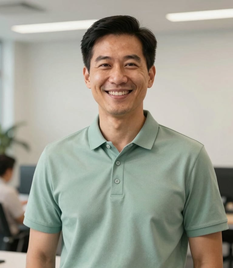 A friendly professional environmental consultant standing in a bright modern office in Orlando, smiling warmly, wearing a neat polo shirt, soft green and off-white background colors.