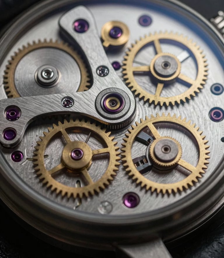 A macro, editorial photograph of a mechanical watch movement showing intricate steel gears and tiny brass components. The lighting is low and moody, reflecting off the metallic textures with deep charcoal and muted gold highlights.
