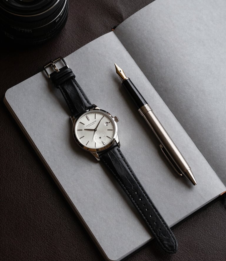 An editorial flat lay on a dark leather desk featuring a luxury watch, a high-quality steel fountain pen, and a minimal grey notebook. Soft lighting creates elegant shadows and highlights the precision of the objects.