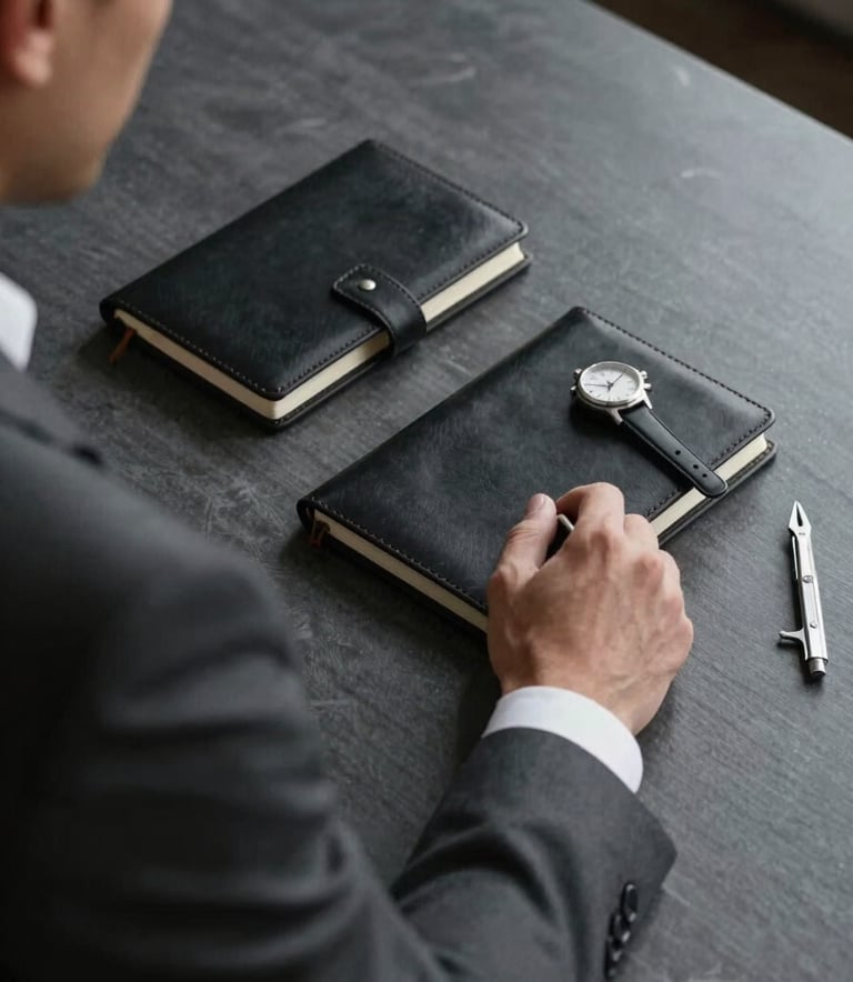 A minimalist, high-end desk environment. A professional man in a crisp charcoal suit is seen from the shoulders down, his hand resting near a leather-bound journal and a set of precision watchmaking tools. The palette is dominated by dark grey and deep black tones.