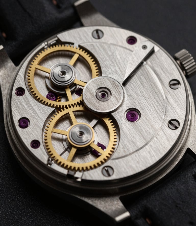 An editorial macro photography shot of a high-end mechanical watch movement. The gears and balance wheel are made of polished steel and muted gold. The lighting is moody and dramatic with deep charcoal shadows, emphasizing the precision craftsmanship and metallic textures.