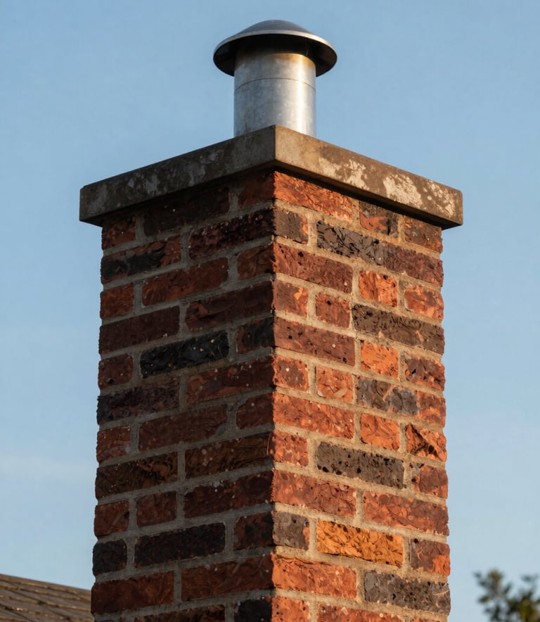 Close-up photography of a beautifully maintained brick chimney against a clear blue sky in a North American / US suburb, showing clean mortar joints and a high-quality stainless steel chimney cap, soft morning light.
