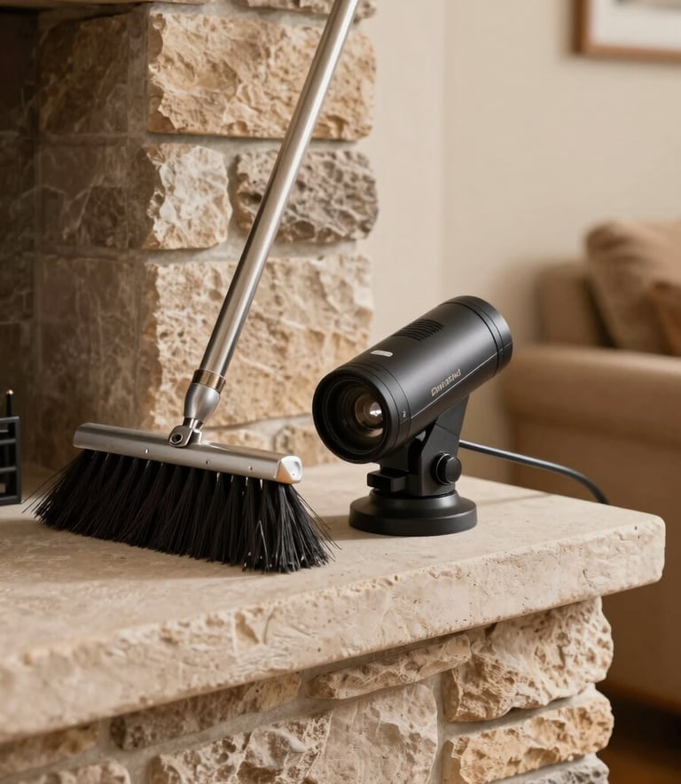 A close-up photograph of professional chimney cleaning brushes and a high-tech inspection camera resting on a clean, beige hearth in a cozy North American / US living room. The lighting is soft and warm, highlighting textures of natural stone and metal.