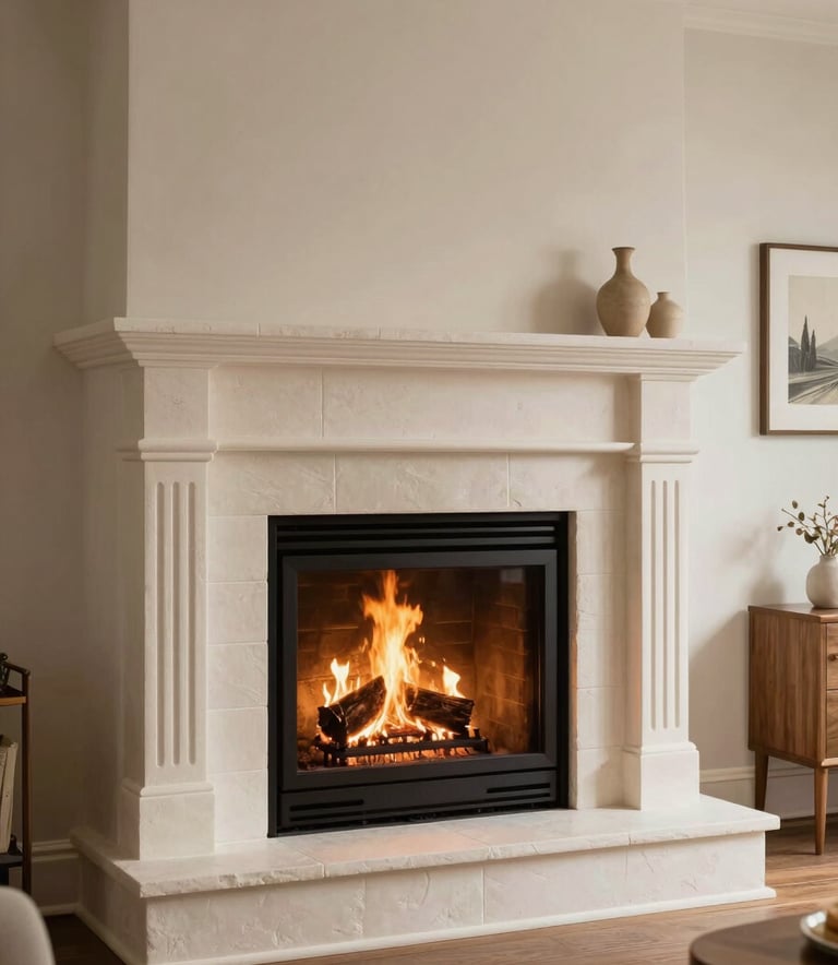 A cozy, warm living room in a North American home featuring a clean, lit fireplace with an elegant stone mantle, soft warm glow from the flames, inviting and safe atmosphere, professional interior photography.