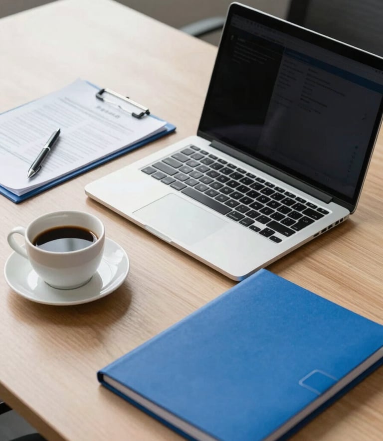 A sleek, organized workspace in a North American / US corporate setting, featuring a high-end laptop, a cup of coffee, and documents in Royal Blue folders.