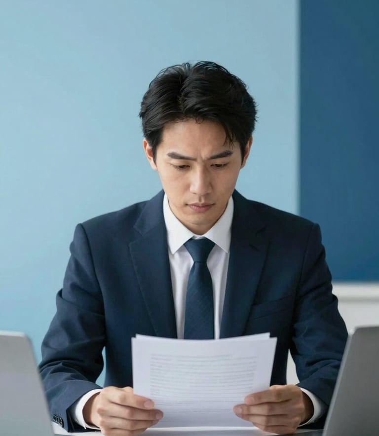 A professional in a North American / US business environment, reviewing a document with focus, minimalist decor with Sky Blue and Navy Blue accents, professional photography style.