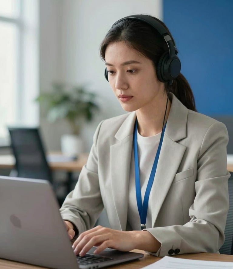 A professional virtual assistant working diligently in a modern, light-filled North American / US office environment. They are dressed in business casual attire, focused on a laptop screen, with Pale Mist and Deep Blue decor in the background.