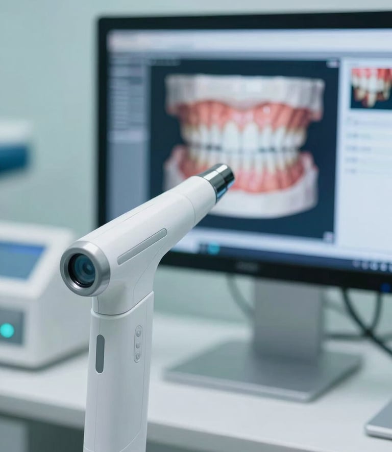 Close-up of a high-tech digital dental scanner and a monitor showing a 3D tooth model, professional and sterile environment, lighting in #D6E0EC and #2A4B6A tones.