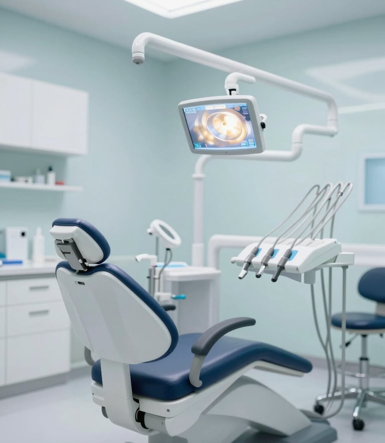A clean, modern dental exam room with a professional ergonomic chair, bright and inviting, showcasing advanced medical technology in a sophisticated setting with #F5F8FA tones.