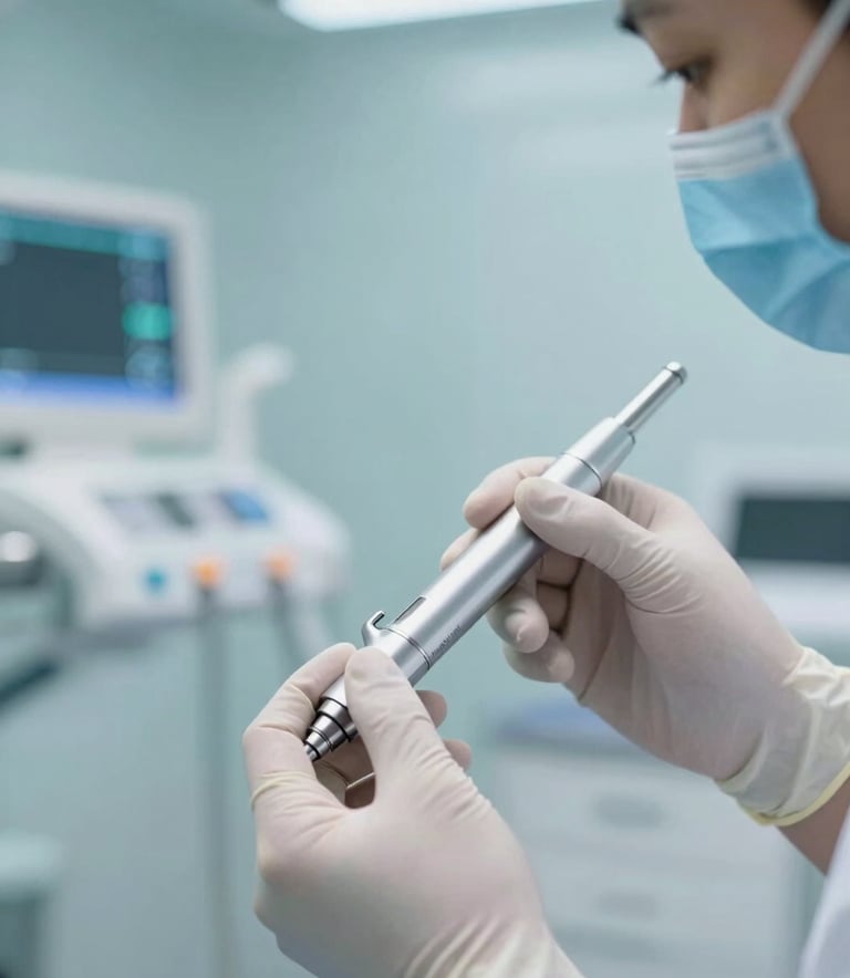 A close-up of a dentist's hands in sterile gloves using high-tech dental equipment in a bright, professional clinical setting. The background shows soft blue #D6E0EC accents and professional lighting, conveying hygiene and expertise.
