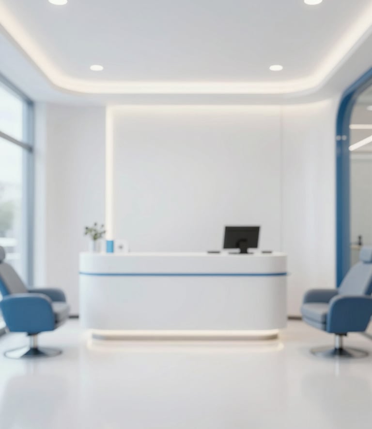 A modern and minimalist dental clinic reception area with clean lines, comfortable seating, and sophisticated lighting. The palette includes #F5F8FA white and #2A4B6A blue details, creating an inviting and professional atmosphere.