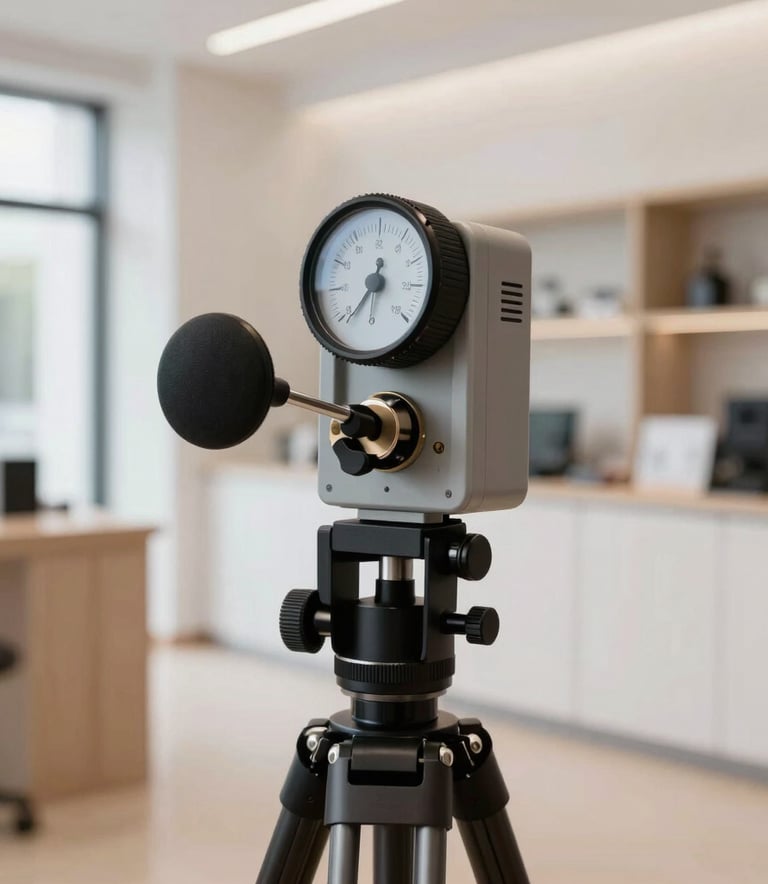 A close-up photograph of professional acoustic measurement equipment, including a sonometer on a tripod, inside a modern Southern European commercial space. The lighting is bright and natural, reflecting a clean minimalist style with ash black and bone white tones.