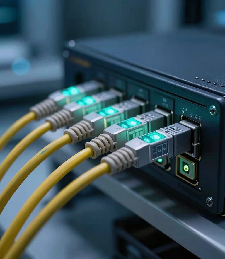 A close-up photograph of professional networking hardware, specifically focused on neatly organized fiber optic cables with teal glowing status lights in a clean North American technology lab environment, dark blue lighting.