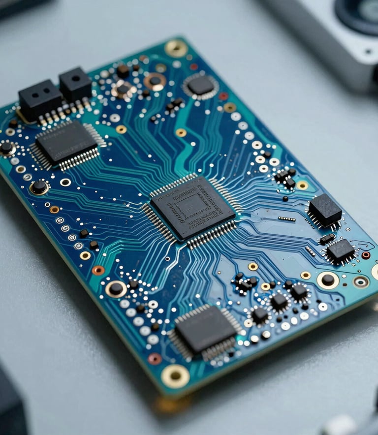 A high-performance circuit board with intricate copper traces and tiny silicon components, professionally lit with bright teal blue and deep midnight blue accents, North American technology laboratory setting.