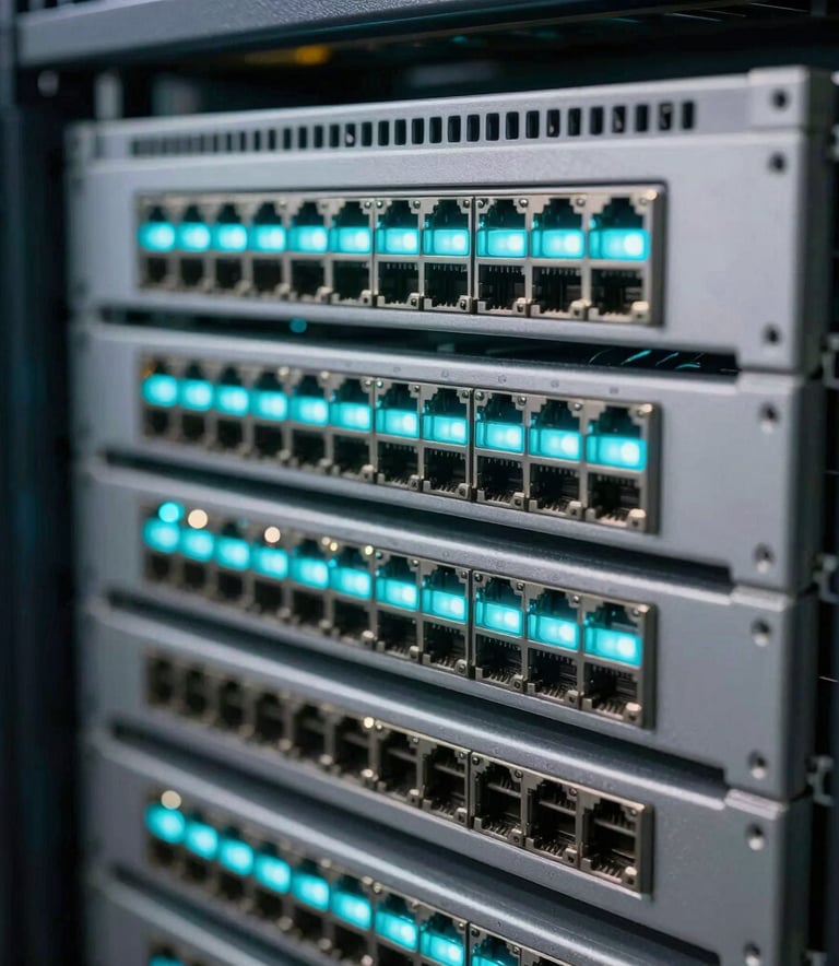 A clean, structured close-up of high-end networking hardware in a server rack, blinking bright teal blue and light grayish white LEDs, professional depth of field, North American tech facility.