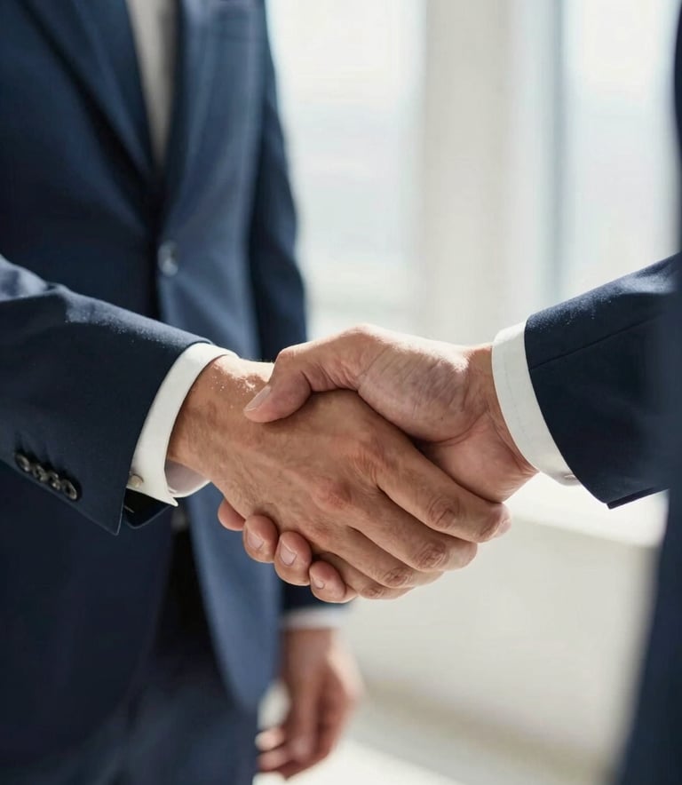 A close-up photograph of a firm, professional handshake between two people in business attire within a bright, sunlit North American office. The focus is on the connection, symbolizing trust and reliability. The color palette features deep navy blue and soft off-white tones.