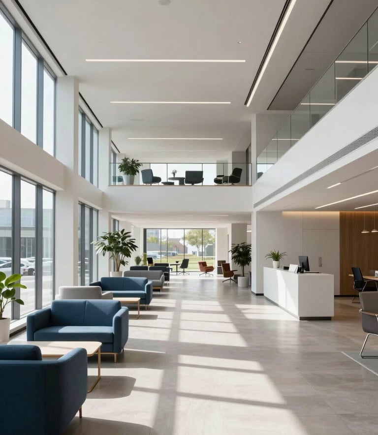 A wide-angle professional photograph of a modern, minimalist North American office lobby. The space is filled with natural light, featuring clean lines and a supportive atmosphere. Accents of medium blue and light gray decorate the furniture and decor.