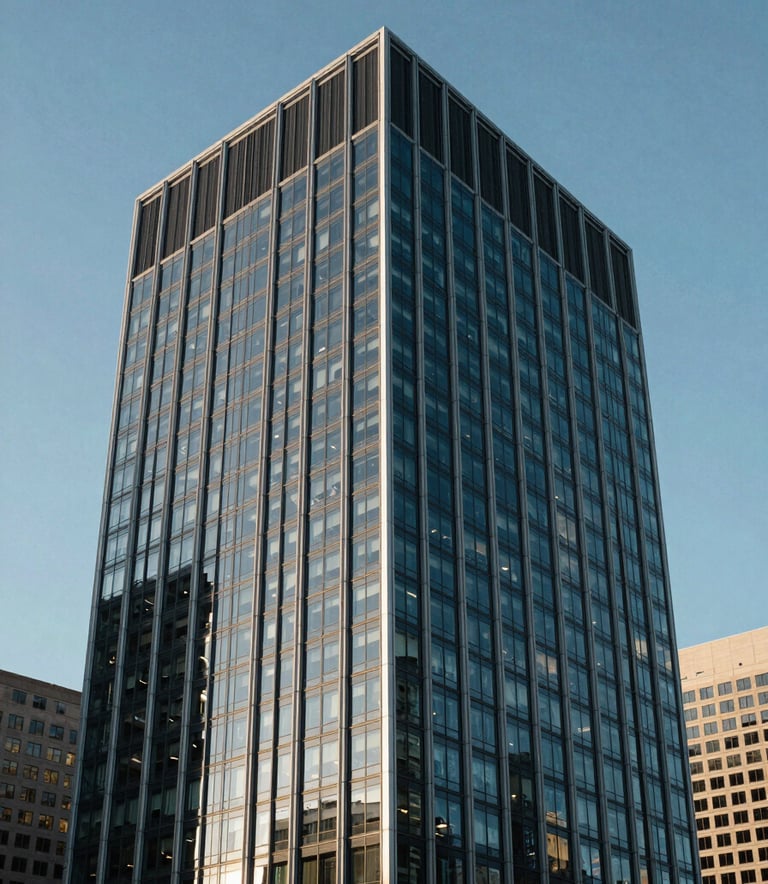 A contemporary glass and steel office building in a North American / US business district under a clear sky, conveying reliability and growth with a palette of Dark Blue and Light Blue.