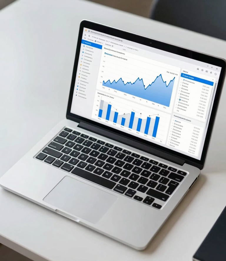 An aerial view of a clean desk with a laptop displaying a complex data analytics dashboard with blue and gray line charts, reflecting a results-driven North American corporate workspace.