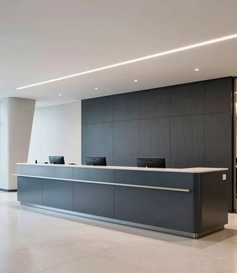 A wide-angle shot of a modern North American corporate reception area with a minimalist design, clean lines, a sculptural architectural feature in the background, professional and welcoming lighting, steel blue and charcoal accents.