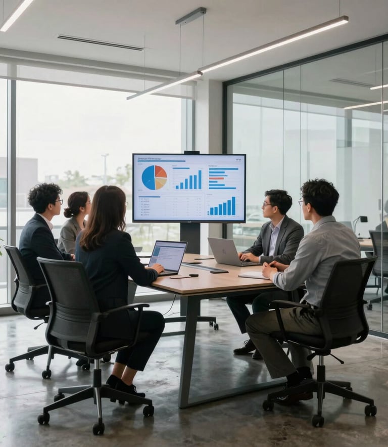 A professional North American office setting with a sleek glass-walled boardroom where a team is collaborating over marketing analytics displayed on a large screen, bright natural light, polished concrete floors, dominated by dark grey and off-white tones.