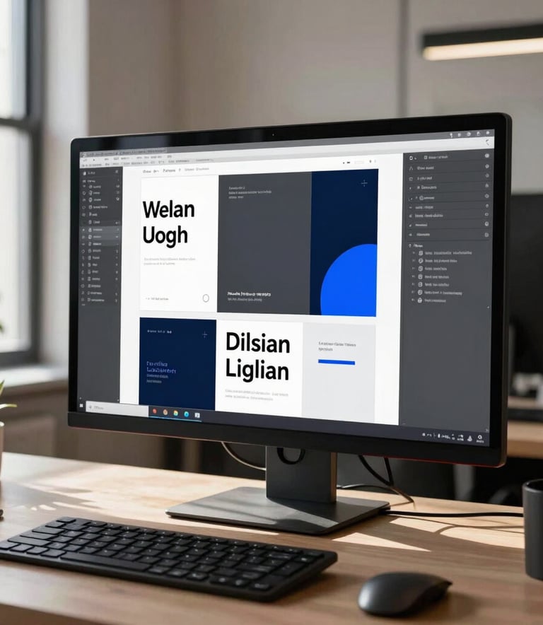 A high-end designer's workstation in a sunlit North American office featuring a large monitor displaying a sophisticated brand identity project with minimalist typography and Charcoal and Blue accents.