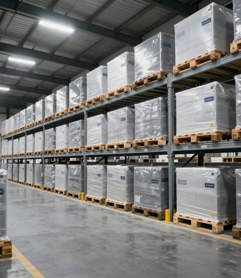 Professional Central European warehouse logistics hub, modern high-ceiling storage facility with organized pallets and bright industrial lighting, conveying efficiency and professionalism in white gray and dark charcoal gray tones.