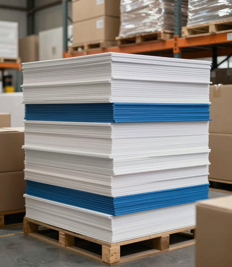 High-quality photography of stacked packaging materials and shipping boxes in a clean, modern warehouse in Central Europe. Soft daylight lighting, emphasis on order and efficiency, neutral tones with hints of blue.