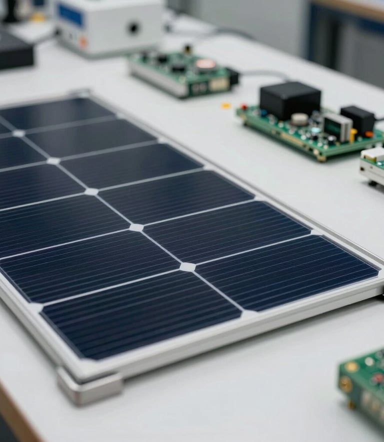 Close-up, sharp photograph of high-tech photovoltaic components and modern electronics on a clean industrial surface. Bright lighting, professional atmosphere, Central European style.