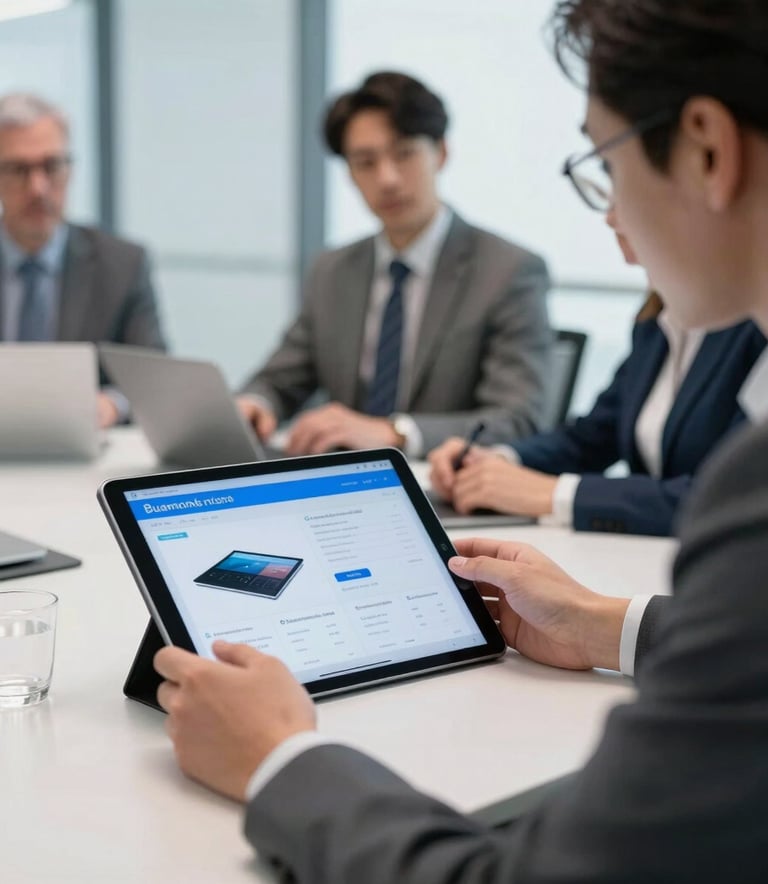 A professional business meeting in a modern German office environment, focus on a digital tablet showing product specifications, bright blue and white gray palette, sharp and corporate aesthetic.