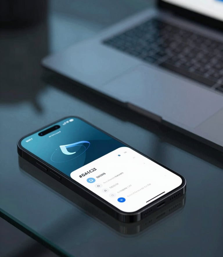 A close-up of a high-end smartphone and a laptop on a glass desk, showing a sleek web interface with blue accents. The lighting is cold and professional with soft glows, incorporating #0A1C2C and #1B4965 in the shadows and digital screens.