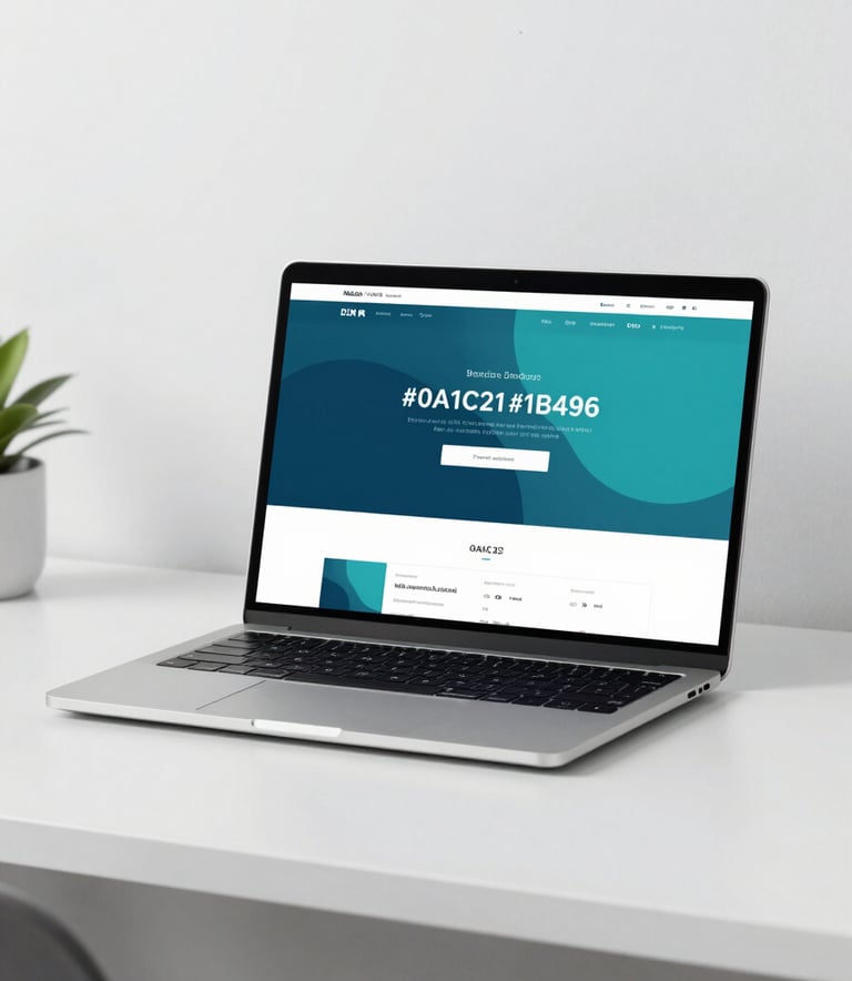 A clean, minimalist high-end professional workspace featuring a sleek laptop showing a modern website UI with #0A1C2C and #1B4965 accents.
