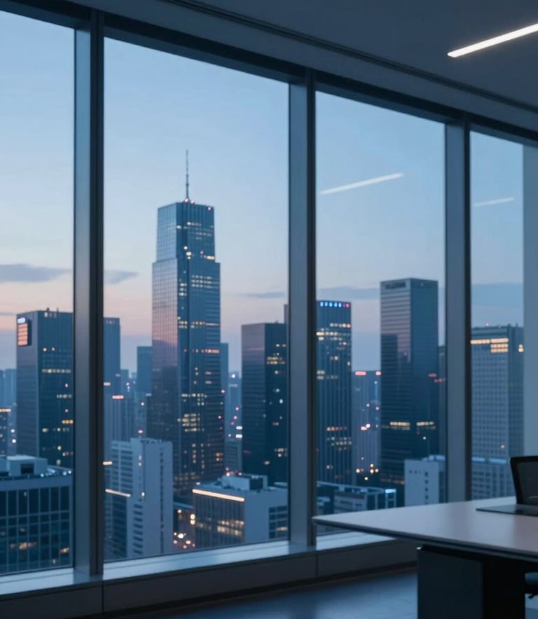 A sophisticated, minimalist office setting with a large window overlooking a futuristic city skyline at dusk. The scene is dominated by deep blues like #0A1C2C and #1B4965, with soft light blue #EBF2FA accents reflecting off glass surfaces.