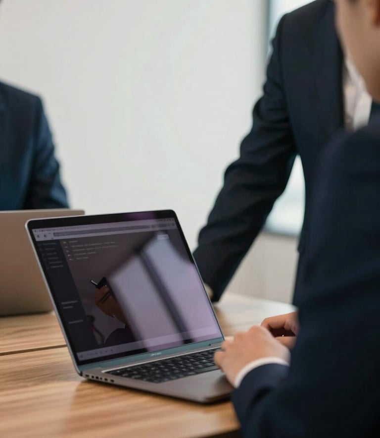 A close-up photograph of a professional meeting in a modern office with deep navy and warm off-white tones. A laptop is visible on a wooden table, reflecting a sleek and innovative business environment.
