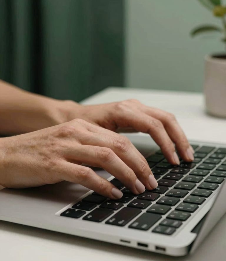 A sharp, professional photograph of a person's hands typing on a sleek keyboard. The environment is clean and modern, featuring forest green and muted sage decorative elements in the background.