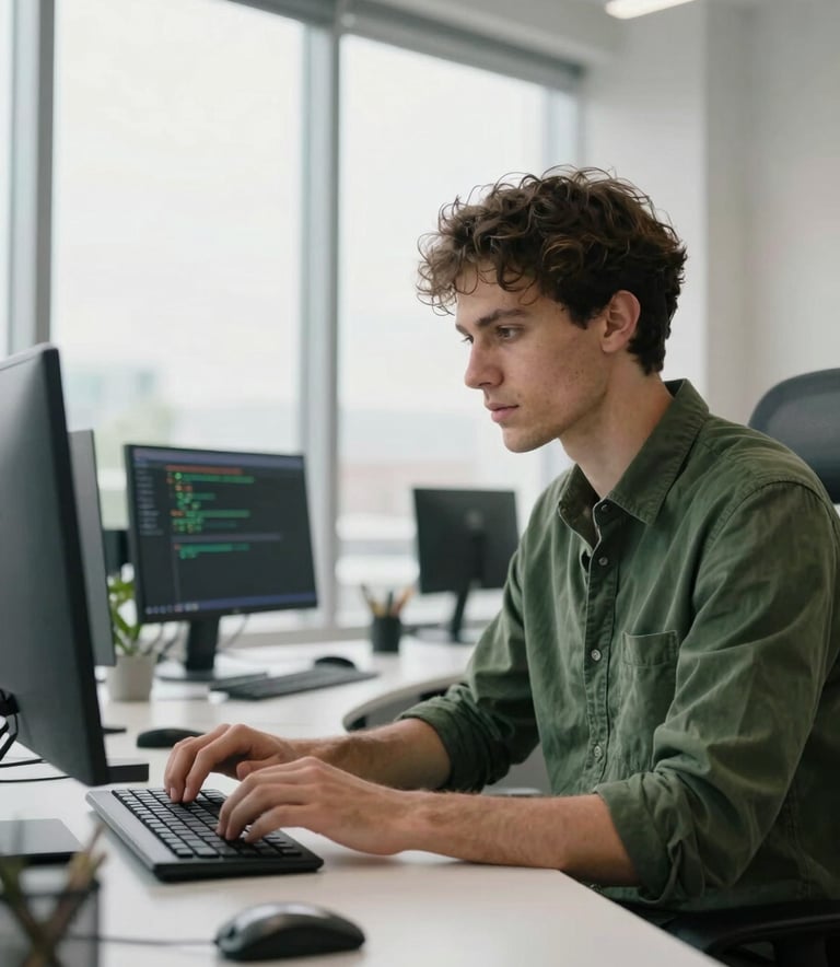 A focused software engineer in a forest green shirt working in a sleek, modern office setting with pearl white walls and natural light streaming through large windows.