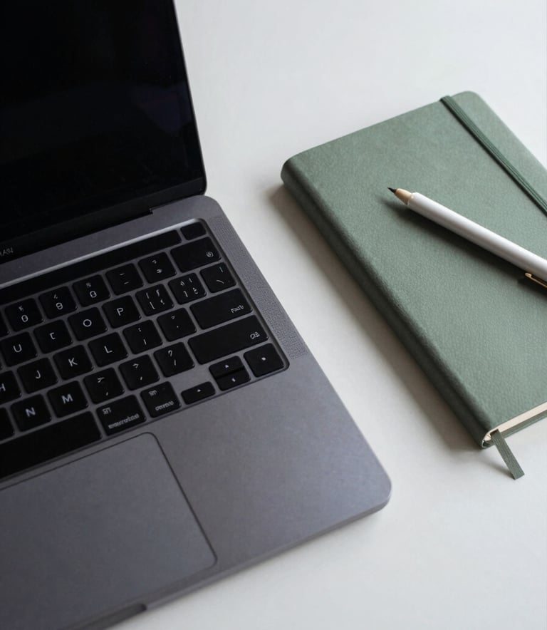 A top-down view of a minimalist workstation featuring a dark navy laptop, a sage green notebook, and professional pearl white stationary on a clean desk.